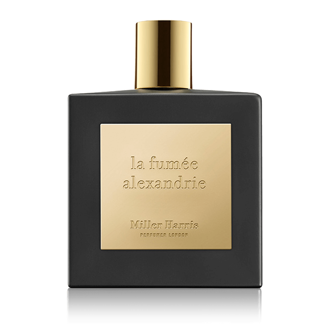 A clear glass bottle of La Fumée Alexandrie eau de parfum with a black cap and cream label.